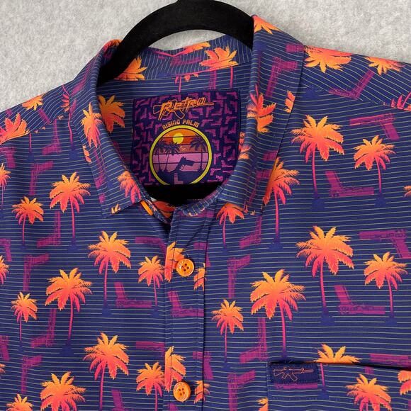 Retro Rifle Shirt Mens L Rising Palm Short Sleeve Button Down All Over Print - Picture 1 of 8